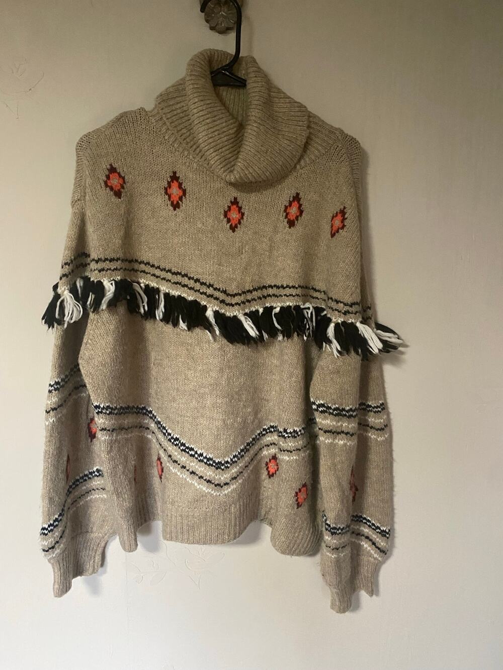 Lou & Grey Wool Blend Cowl Neck Tassel Western Boho Sweater Oatmeal XXL